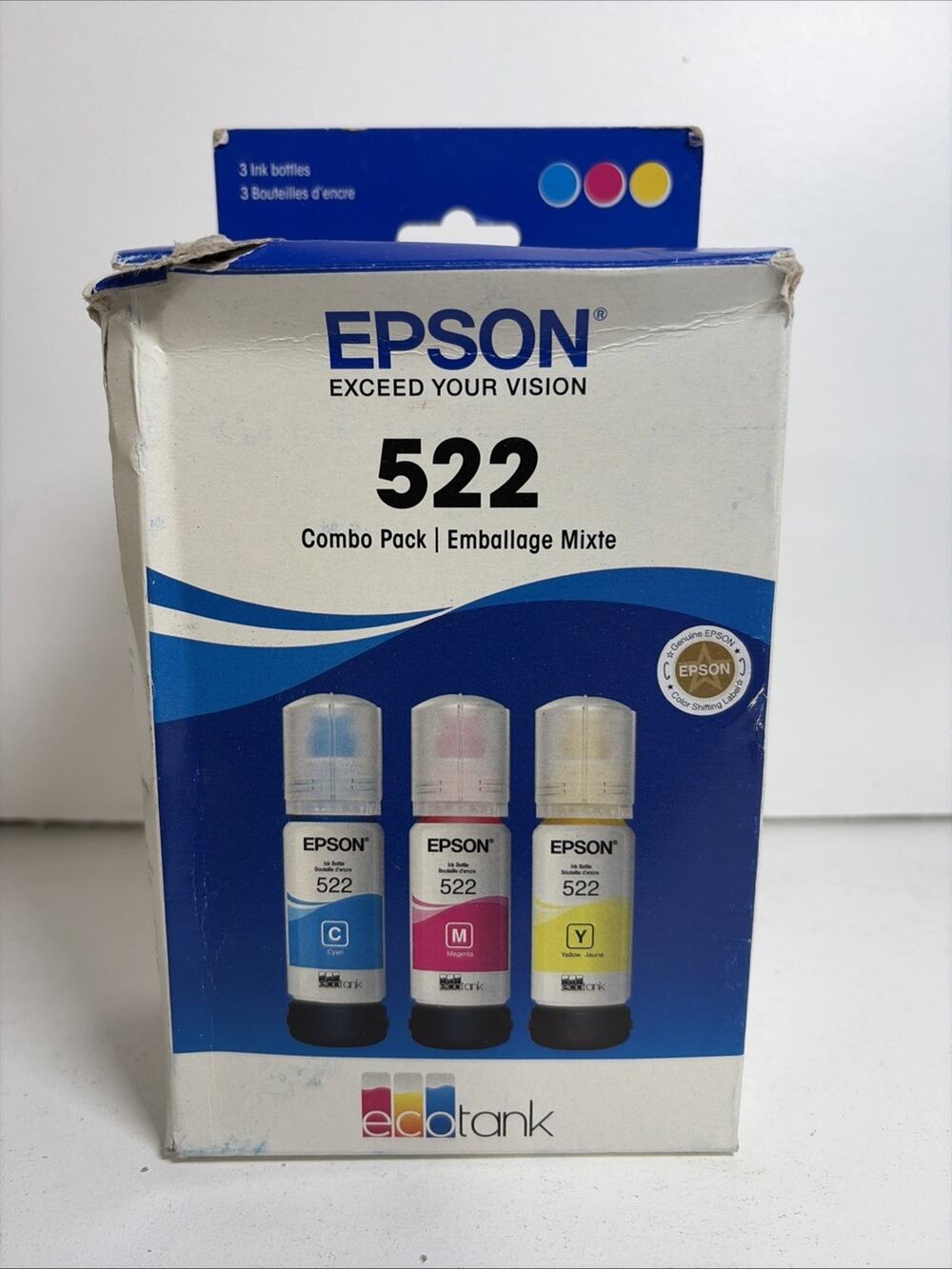 Epson 522 Ecotank Combo Pack C/M/Y Ink 3 Bottles Genuine Exp 12/2027 New Sealed